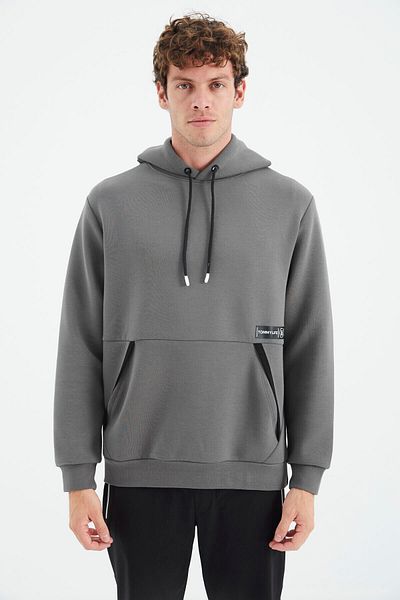 TOMMY LIFE Dark Gray Hooded Men's Sweatshirt with Hidden Pocket Detail - 88282
