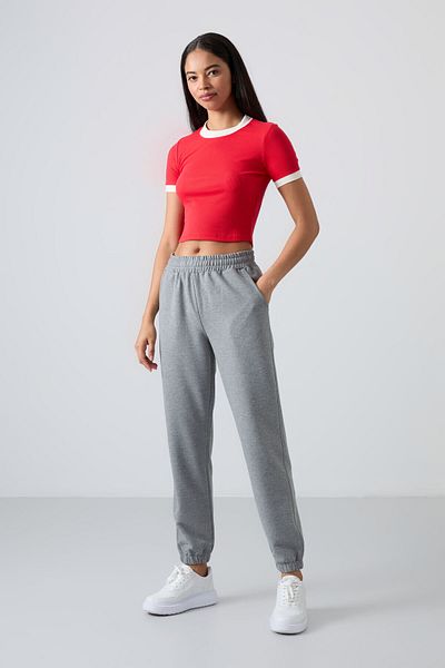 TOMMY LIFE Grey Melange Pocketed High Waist Comfortable Form Rubber Leg Women's Tracksuit Bottom - 94583