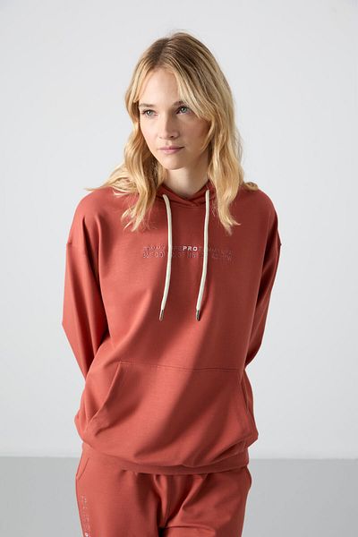 TOMMY LIFE Γυναικεία αθλητική φόρμα Oversize με κουκούλα τσέπης καγκουρό χρώματος κανέλας - 95288