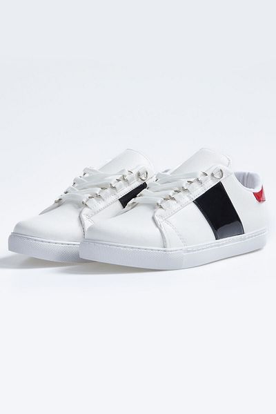 TOMMY LIFE Pantofi sport de damă din piele artificială cu dungi cu șireturi alb - negru - 89202