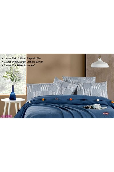 Beğenal Madam Marica Indigo Colored Double Pompom Pique Set