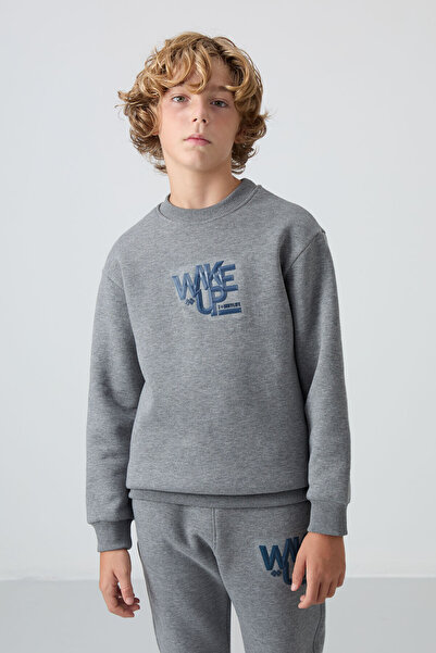 TOMMY LIFE Gri Melanj Pamuklu Kalın İçi Tüylü Standart Fit Baskılı Erkek Çocuk Eşofman Takım - 11253
