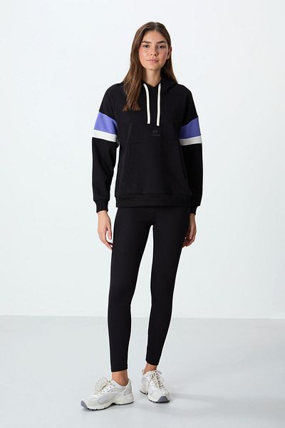 TOMMY LIFE Hanorac negru supradimensionat cu glugă pentru femei cu textura netedă groasă - 97290