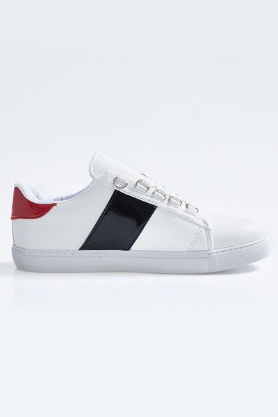 TOMMY LIFE Pantofi sport de damă din piele artificială cu dungi cu șireturi alb - negru - 89202