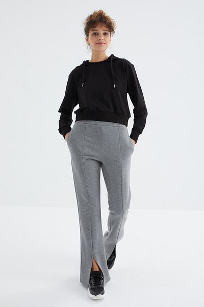 TOMMY LIFE Gray Melange High Waist Front Slit Detailed Side Pocket Comfortable Form Women's Tracksuit Bottom - 94625