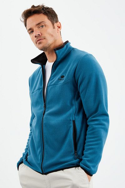 TOMMY LIFE Ανδρικό φούτερ Fleece - Σμαραγδένιο κέντημα, γιακάς και φερμουάρ - 87992