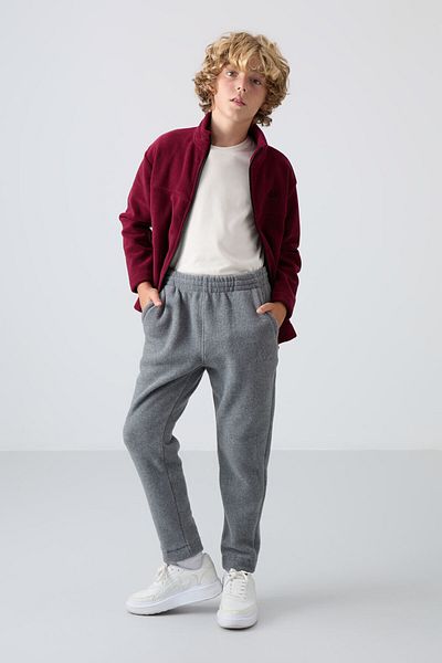 TOMMY LIFE Boy's Fleece Sweatpants - Gray Melange, Embroidered, Thick Soft Textured - 11219