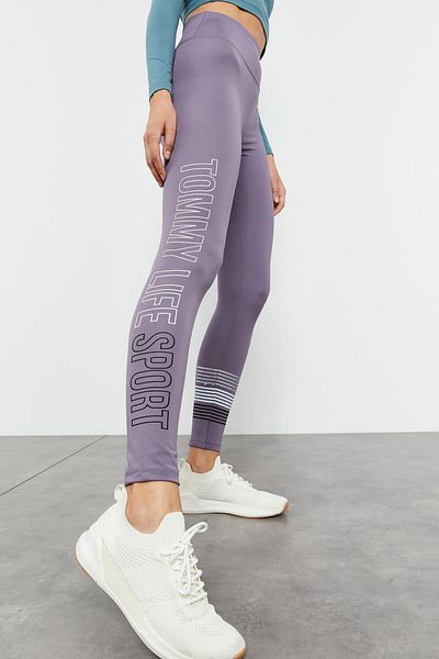 TOMMY LIFE Jambiere liliac cu talie înaltă cu imprimeu cu litere slim fit pentru femei - 94544