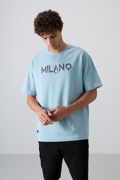 TOMMY LIFE Light Blue Cotton Thick Soft Textured Oversize Fit Printed Men's T-Shirt - 88345