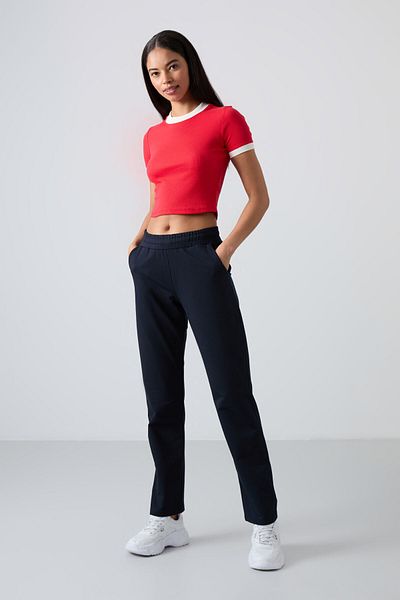 TOMMY LIFE Pantaloni de trening pentru femei, albastru bleumarin, cu talie înaltă, cu buzunar, formă confortabilă, cu picioare clasice - 94584