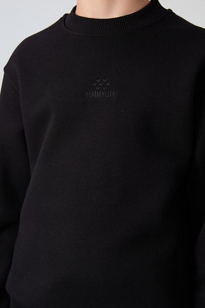 TOMMY LIFE Hanorac din bumbac negru brodat pentru băieți - grăsime pe interior, textura moale - 11232