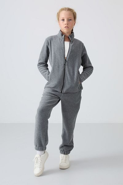 TOMMY LIFE Girl's Embroidered Fleece Sweatpants - Gray Melange, Thick Soft Textured, Standard Fit - 75155