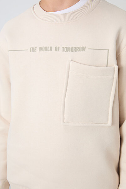 TOMMY LIFE Μπεζ βαμβακερό χοντρό ύφασμα με μαλακή υφή, τυπική εφαρμογή, εμπριμέ αγορίστικο κοστούμι αθλητικής φόρμας - 11257