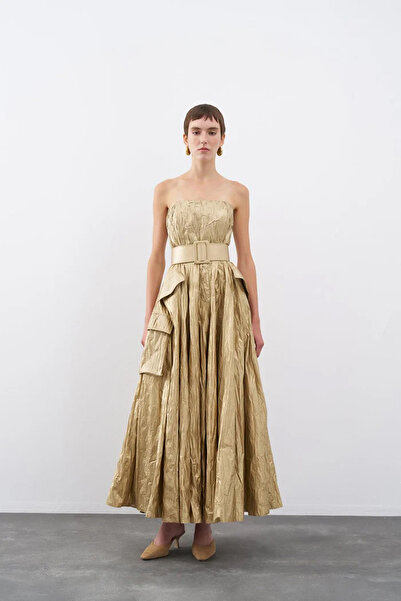 cercis Kemer Detaylı Cepli Straplez Parlak Uzun Abiye Elbise