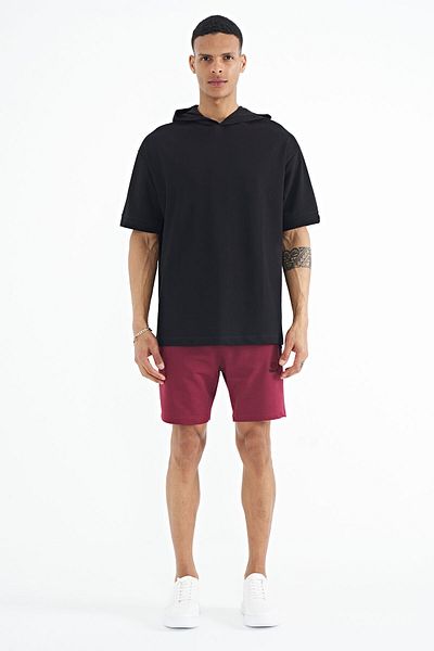 TOMMY LIFE Μαύρο ανδρικό μπλουζάκι Oversize με κουκούλα με λεπτομέρεια ετικέτας στο μανίκι - 88179