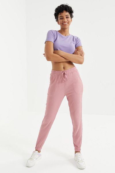 TOMMY LIFE Pantaloni de trening pentru femei Dusty Rose Jogger - șnur în talie, cu șireturi, țesătură înfășurată - 94620
