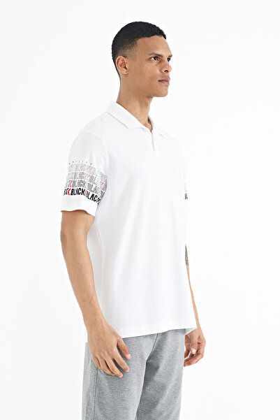 TOMMY LIFE Ανδρικό μπλουζάκι White Sleeve Print Detailed Polo Neck Standard Form - 88240