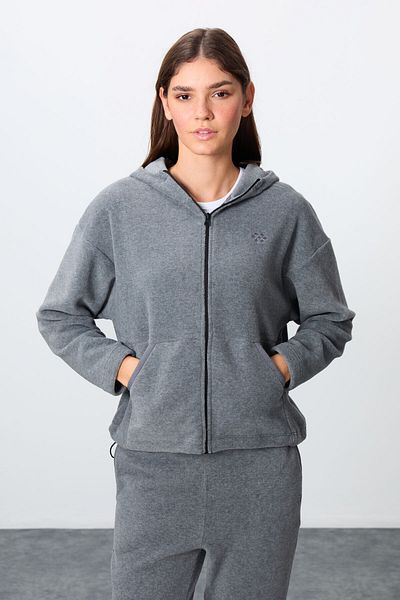 TOMMY LIFE Gray Melange Embroidered Oversize Hooded Fleece Women's Tracksuit Set -95338