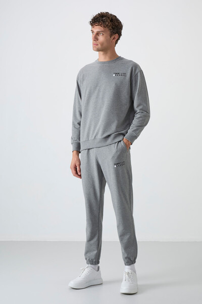 TOMMY LIFE Men's Oversize Cotton Tracksuit Set - Gray Melange, O Neck, Rubberized Leg - 85120