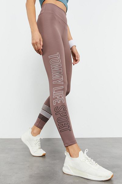 TOMMY LIFE Leggings pentru femei Dusty Rose, cu talie înaltă, cu imprimeu cu litere, slim fit - 94544
