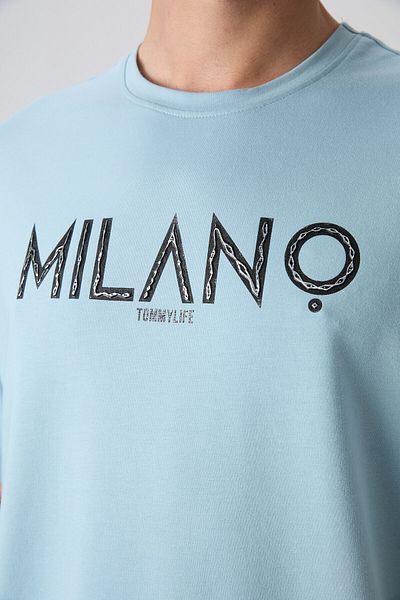 TOMMY LIFE Light Blue Cotton Thick Soft Textured Oversize Fit Printed Men's T-Shirt - 88345