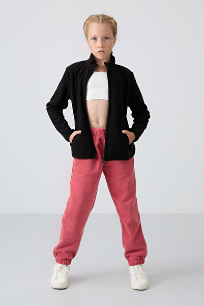 TOMMY LIFE Siyah Kalın Yumuşak Dokulu Standart Fit Nakışlı Polar Kız Çocuk Sweatshirt - 75154