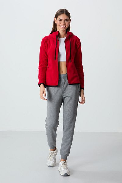 TOMMY LIFE Red Thick Soft Textured Hooded Standard Fit Embroidered Fleece Women's Sweatshirt -97287