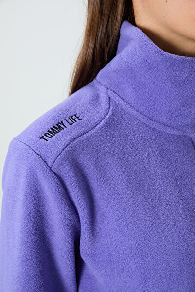 TOMMY LIFE Lilac Stand Collar Zippered Comfortable Form Women's Fleece Sweatshirt - 97173