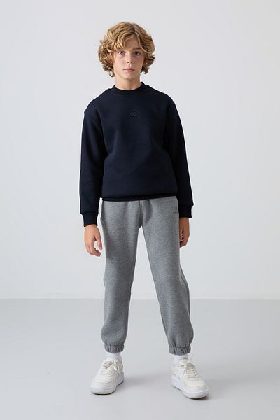 TOMMY LIFE Boy's Navy Blue Embroidered Sweatshirt - Cotton, Thick Fur Inside, Soft Texture - 11232
