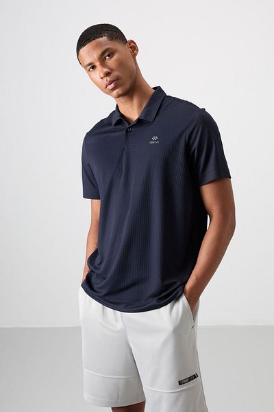 TOMMY LIFE Ανδρικό μπλουζάκι Navy Blue Polo Neck Active Sports - Εκτυπωμένο λογότυπο, Standard Fit - 88252