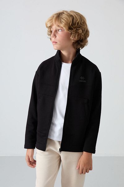 TOMMY LIFE Boy's Embroidered Sweatshirt - Black Cotton, Thick Fur Inside, Soft Texture - 11245
