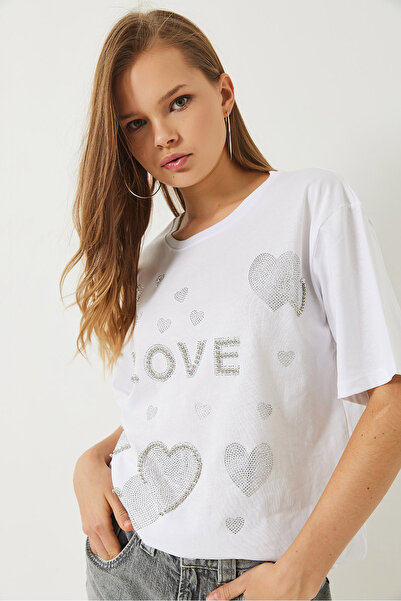 Bianco Lucci Γυναικείο T-Shirt με λαιμόκοψη με χάντρες και πέτρινη καρδιά 60261389