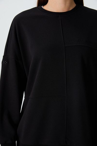 TOMMY LIFE Hanorac negru compact din bumbac, gros, neted, texturat, cu decolteu O, supradimensionat, pentru femei - 97288