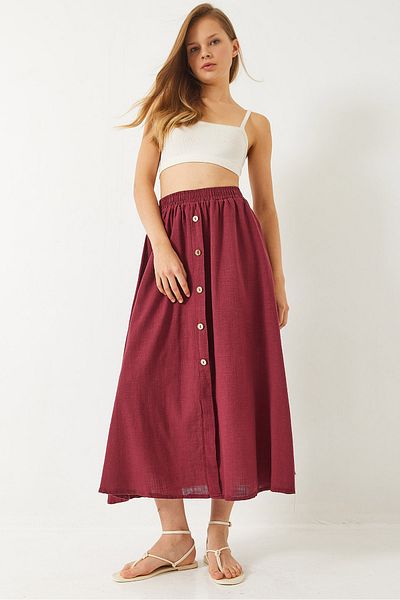 Bianco Lucci Women's Button Detailed Elastic Waist Short Lined Linen Skirt 60261391