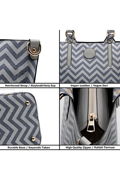 gio&mi Emma Women's Gray Zigzag Patterned Large Zippered Hand and Shoulder Bag