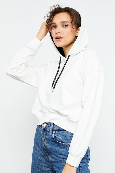 TOMMY LIFE Ecru Long Sleeve Comfortable Form Hooded Women's Sweatshirt - 97115