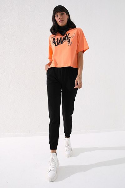 TOMMY LIFE Pantaloni de sport negri cu talie înaltă Jogger, cu formă confortabilă, cu manșete, pentru femei - 94561