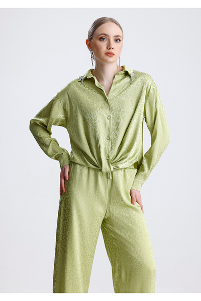 MD trend Women's Patterned Collar Stone Detailed Tie Satin Shirt and Trousers Double Set