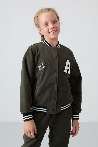 TOMMY LIFE Χακί Κεντημένο Κοριτσίστικο Fleece College Jacket - Χοντρή απαλή υφή, Standard Fit - 75156