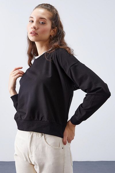 TOMMY LIFE Hanorac negru de bază, confortabil, cu decolteu O, pentru femei - 97114