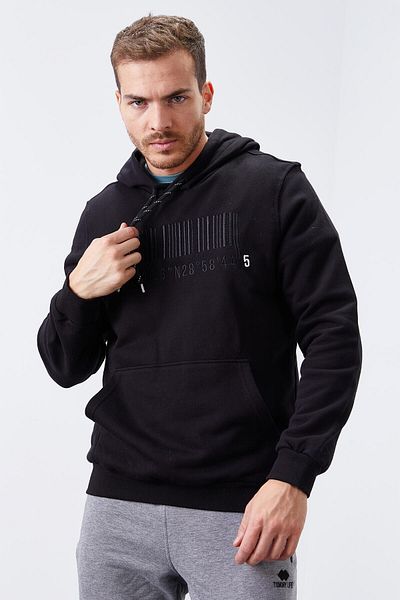 TOMMY LIFE Μαύρο κεντημένο καγκουρό ανδρικό φούτερ με κουκούλα Standard Fit - 87839