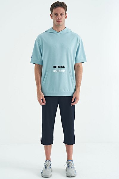 TOMMY LIFE Light Blue Kangaroo Pocket Text Embroidery Hooded Men's T-Shirt - 88195