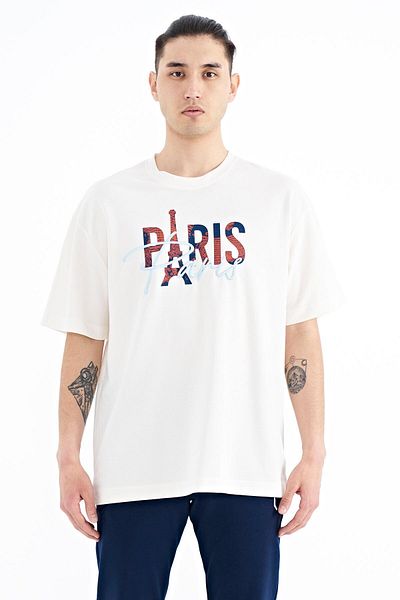 TOMMY LIFE Ανδρικό μπλουζάκι Ecru Text Embroidered O Neck Oversize - 88223