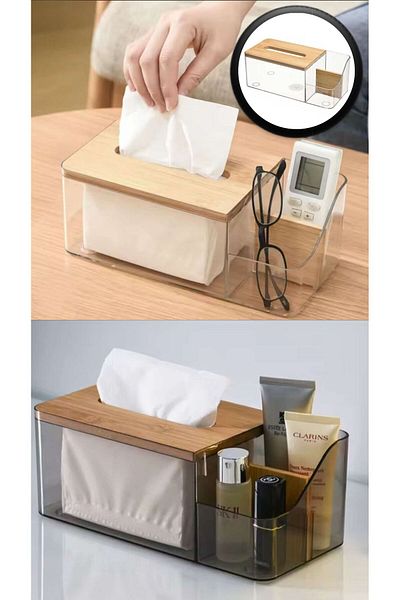 Bayev Fokus Wooden Covered Napkin Holder, 2 Compartment Air Conditioner Remote Control Organizer