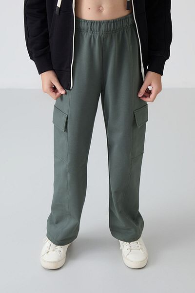 TOMMY LIFE Girl's Khaki Sweatpants - Wide Leg, Cargo Pocket and Front Stitching Detail - 75143