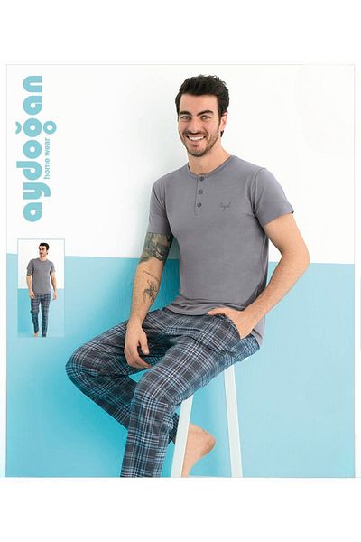 Aydoğan Men's Modal Fabric Short Sleeve Pajama Set - Placket, Comfortable Home Wear
