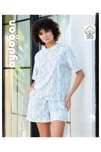 Aydoğan Women's Oversize Single Jersey Short Sleeve Pocket Shorts 100% Cotton Patterned Pajama Set