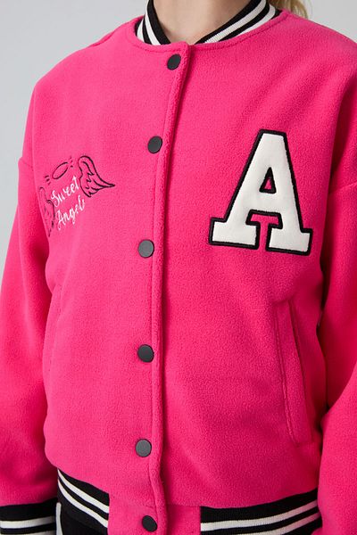 TOMMY LIFE Jachetă pentru fete din fleece brodat fucsia - textura moale groasă, potrivire standard - 75156
