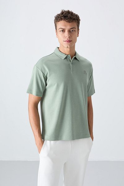 TOMMY LIFE Light Green Cotton Thick Soft Textured Oversize Fit Basic Polo Collar Men's T-Shirt - 88327