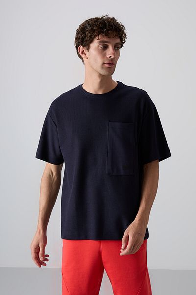 TOMMY LIFE Ανδρικό μπλουζάκι Navy Blue Cotton Thick Surface Texture Oversize Fit Basic - 88341